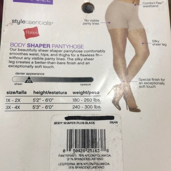 Hanes Style Essentials black Body Shaper silky sheer plus Pantyhose size 3X/4X - Picture 3 of 4